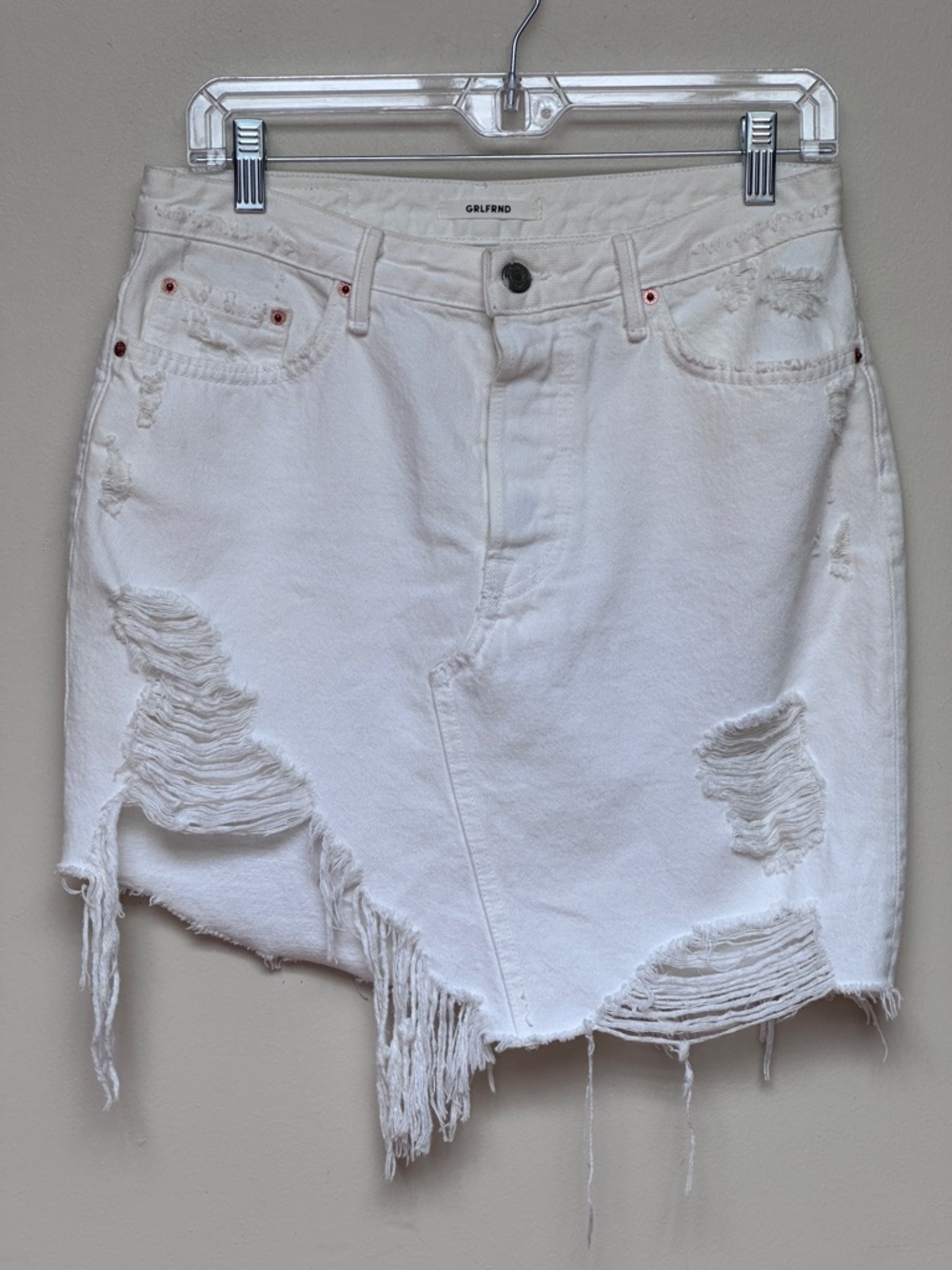 GRLFRND Rhoda Asymmetrical Distressed Denim Mini Skirt White Size 29 Revolve NWT - Picture 1 of 13